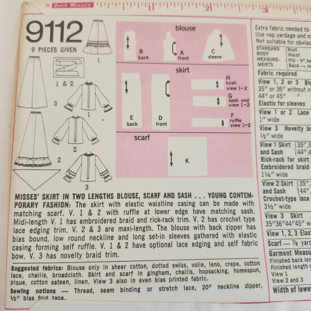 Simplicity 9112 Vintage 1970 Pattern Sz 12 Skirt Blouse Scarf Boho Midi Ruffles